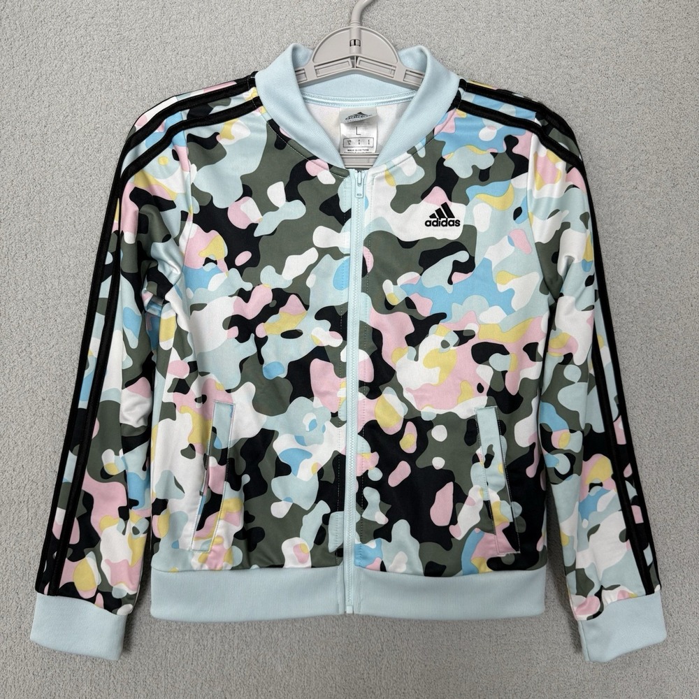 Adidas Track Jacket Kids Size Large 14 Light Blue Pastel Camo 3-Stripes Zip Up